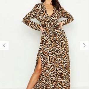 BOOHOO Button Front Tiger Print Thigh Split Maxi Dress